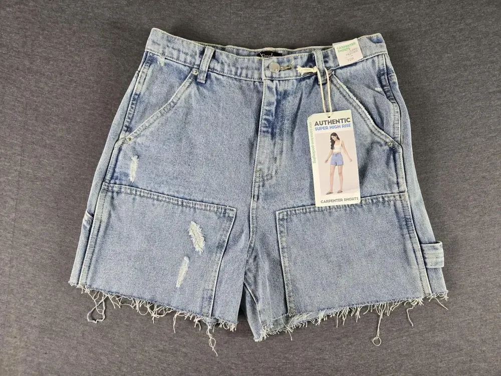 Simple Society Shorts Juniors 7/28 Blue Super High Rise Carpenter Denim Cargo